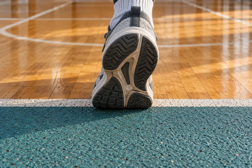 Vue de dessus de la semelle d'une chaussure de sport posée à la limite entre un parquet de salle et un court extérieur.