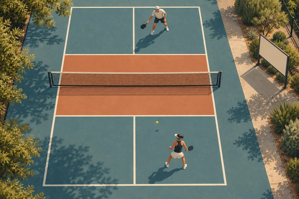 Un court de pickleball avec un panneau fédéral discret et des joueurs en arrière-plan.