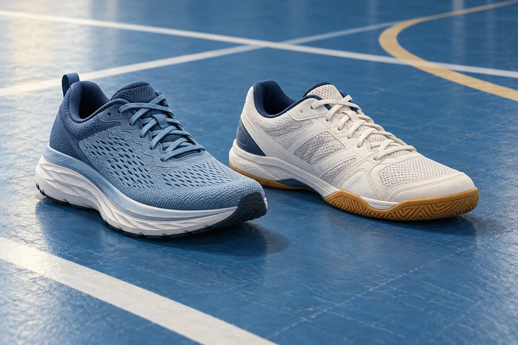 Une chaussure de course et une chaussure de sport de salle posées côte à côte sur un revêtement de terrain, vues de trois quarts.