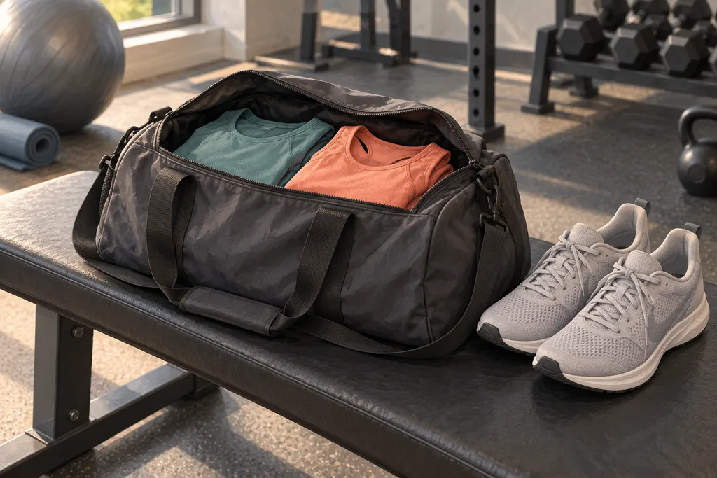Un sac de sport ouvert montrant deux hauts de couleurs différentes et une paire de chaussures.